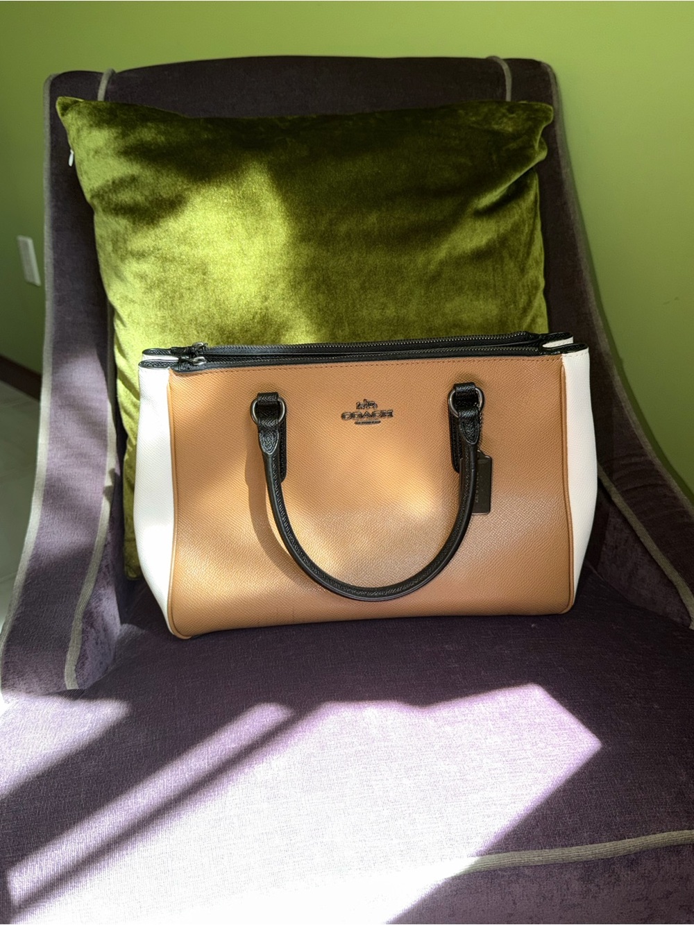 Coach Colorblock Pebbled Leather Satchel in Tan, White & Black
